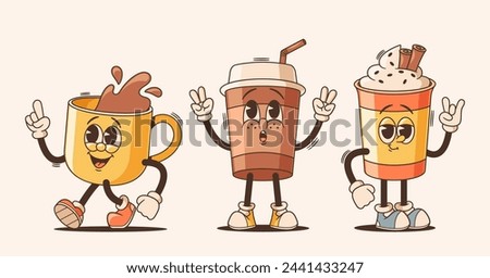 Cartoon Groovy Cups Of Drinks Lively Anthropomorphic Personages. Chill Tea, Jazzy Coffee And Funky Latte Beverage Mugs Royalty-Free Stock Photo #2441433247
