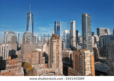 New York city Manhattan skyline from New Jersey. Manhattan over the Hudson river. NYC cityscape, aerial view. Manhattan downtown skyline with urban skyscrapers. New York Manhattan from above.