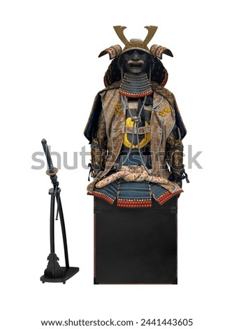 Samurai armor and sword of Japanese warrior isolated on white background Royalty-Free Stock Photo #2441443605