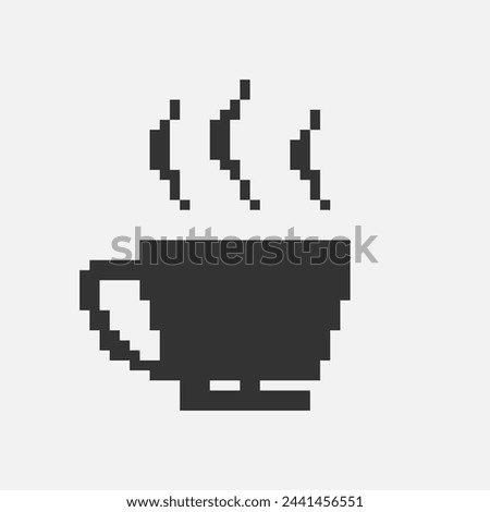 black and white simple flat 1bit vector pixel art icon of cup with hot drink