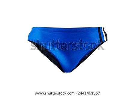 Blue sporty male underwear for swimming isolated on white background. Fashionable swimwear: Men's bikini briefs on a mannequin for isolated photography. Royalty-Free Stock Photo #2441461557