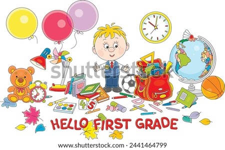 Greeting card with a funny little schoolboy first grader before start of classes, completing his schoolbag with textbooks, exercise books, rules, pencils and pens in a room with balloons and a globe
