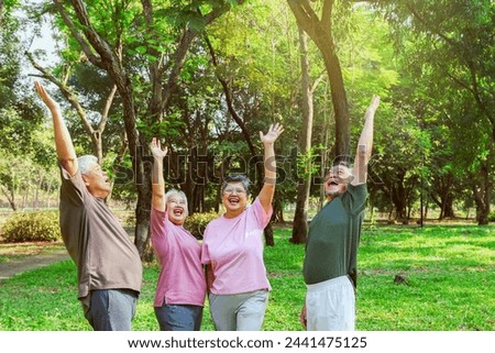 Cheerful group asian elderly people retirees in good health happiest doing recreational activities playing sports exercising having fun shady garden in the morning good mood and good mental health. Royalty-Free Stock Photo #2441475125