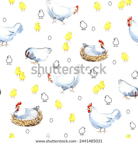 Happy chicken seamless pattern. Farm Animals, Rooster, Hen, Bio Eggs, Coop, Chicks, Nest, Eco Village. Isolated elements. Stock illustration. Hand painted in watercolor.