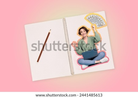 Creative 3d photo artwork graphics collage of girl rising fists holding money writing expences isolated pink color background