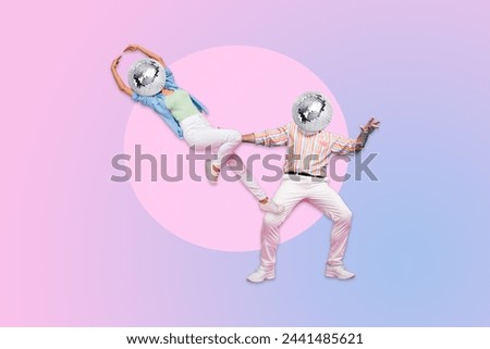 Creative abstract template graphics collage of girl guy discoball instead of head dancing together isolated pink background Royalty-Free Stock Photo #2441485621
