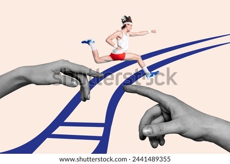 Full length collage photo of energetic man running forward to achieve his goals isolated on white background touching hands