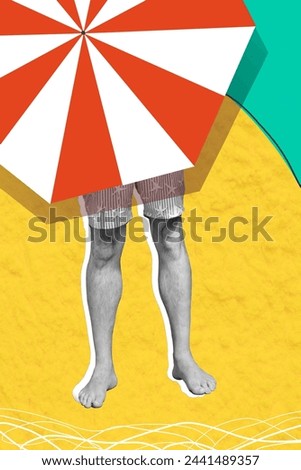 Vertical photo collage of black white guy legs standing on beach chest covered white red striped umbrella on vacation holiday weekend