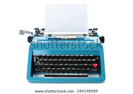 a retro blue typewriter with a blank paper on a white background