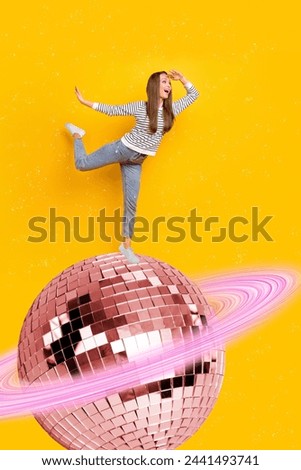 Vertical creative collage portrait of excited person stand huge disco ball planet look interested far away isolated on yellow background