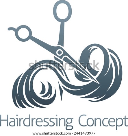 Hairdresser or hair salon concept icon with silhouette hairdressers scissors cutting a long flowing lock of womans hair. Royalty-Free Stock Photo #2441493977