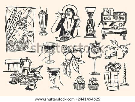 Minimalist hand drawn food and drink vector illustration collection