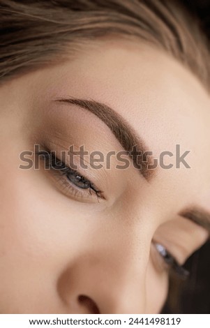 Photo of eyebrows after correction of permanent makeup. Second PMU procedure in a month of permanent eyebrow makeup. Permanent makeup correction.