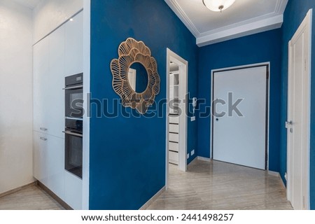 Laconic design of the studio apartment. An entrance hall with blue walls and a white door.