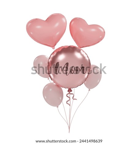 Happy Mother's Day balloons, Mom Text Metallic rose gold foil balloons. 3D Illustration Pink Helium balloons. Royalty-Free Stock Photo #2441498639