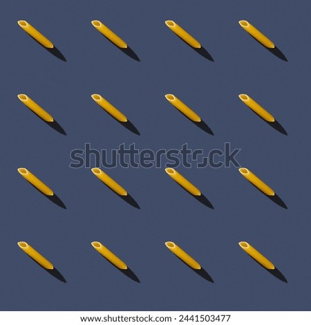 Penne pasta on blue background. Retro style food photo seamless pattern. High quality photo