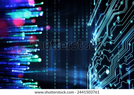 Optical fiber strands, binary code and circuit board, multiple exposure Royalty-Free Stock Photo #2441503761