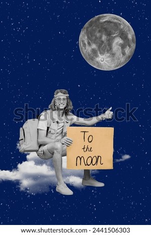 Vertical collage portrait of positive guy black white gamma sit cloud hold paper poster to the moon isolated on painted background