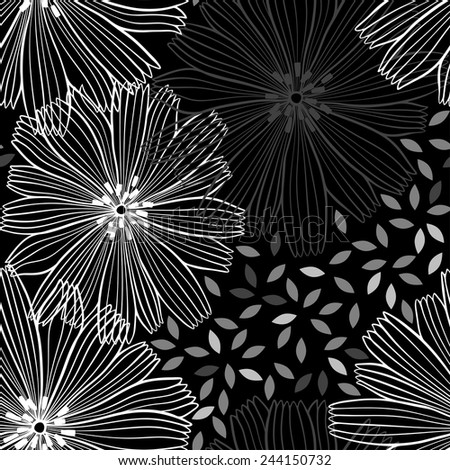 Monochrome  seamless pattern of abstract flowers. Floral vector illustration on a black background.