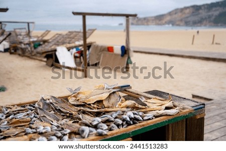 Local sun dried fish on wooden racks on the beach in Nazare, Portugal Travel photography. High quality photo. salted fishes sold on the beach, traditional market stall