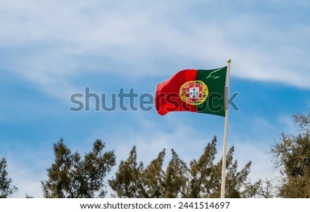 Portugal flag waving in the wind. Flag of Portugal on the top of some pine trees with the blue sky with blurred clouds in the background.