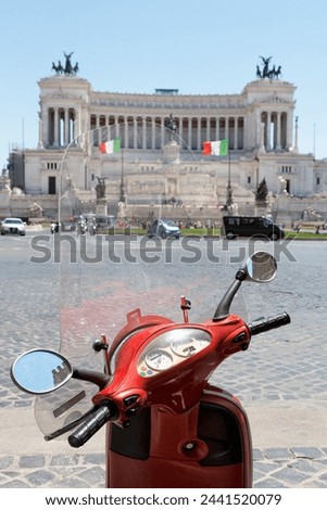Scooter parked in Piazza Venezia with the Victor Emmanuel Monument, Rome, Lazio, Italy, Europe