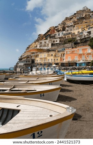 Traditional fishing boats and the colourful town of Positano, Amalfi Coast (Costiera Amalfitana), UNESCO World Heritage Site, Campania, Italy, Mediterranean, Europe Royalty-Free Stock Photo #2441521373