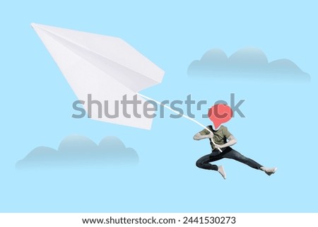 Creative collage picture of person hold paper airplane flying clouds isolated on blue background