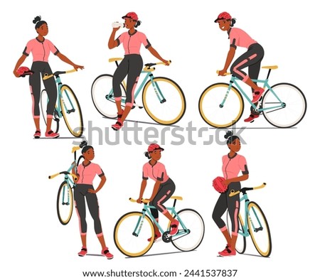 Set of Bicyclist Woman Activities Energetic Cyclist Female Character Pedals her Bike, Holding Bicycle in Hand, Relax and Stand nearby with Helmet, Drinking Water. Cartoon People Vector Illustration