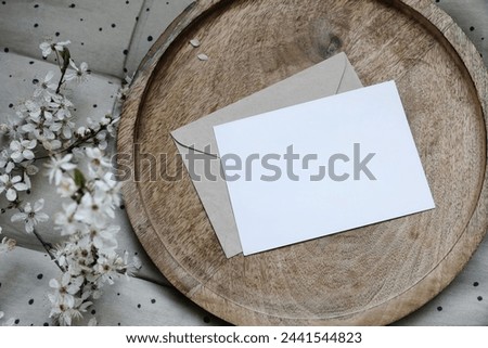 Spring still life composition. Blank greeting card mockup, craft envelope. Feminine styled photo. Floral scene. Blurred white cherry tree blossoms on wooden tray, polka dot beige seat cushion, topper.