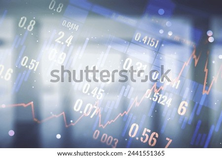 Abstract virtual financial graph hologram on empty corporate office background, forex and investment concept. Multiexposure