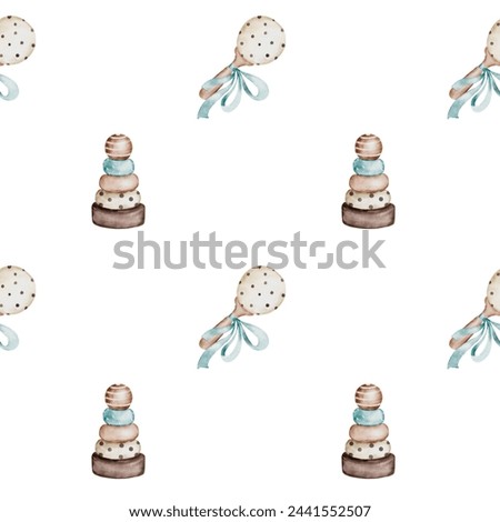 Baby wooden retro toys pattern. Boho seamless pattern with eco accessories pyramid and rattle with a blue bow. Scandinavian children's clip art. For textiles, diapers and packaging paper