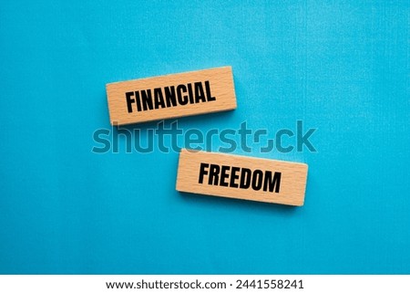 Financial freedom words written on wooden blocks with blue background. Conceptual symbol. Copy space.
