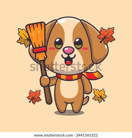Cute autumn dog holding broom. Mascot cartoon vector illustration suitable for poster, brochure, web, mascot, sticker, logo and icon.