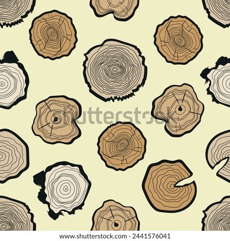 Tree rings seamless vector pattern. Forest seamless pattern with wood cuts. Saw cut tree trunk background. Vector Illustration.