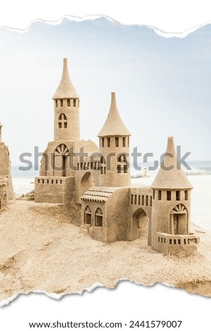 Creative picture of sendcastles on a sunny beach with blue sky. Concept of leisure, holiday, vintage nostalgia memory