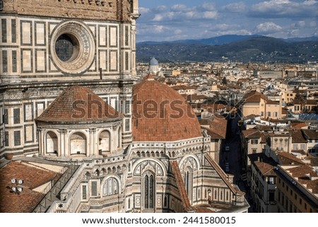 Florence Aerial view cityscape from giotto tower detail near Cathedral Santa Maria dei Fiori, Brunelleschi Dome, Italy