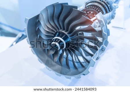 turbine engine with longitudinal section for studying arrangement of blades and combustion chambers Royalty-Free Stock Photo #2441584093