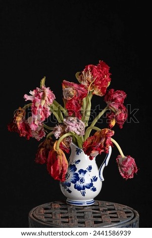 Beautiful wilted parrot tulip in a Delfts blue vase. High quality photo Royalty-Free Stock Photo #2441586939