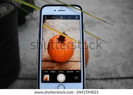 Smartphone capturing photo of orange pumpkin on a textured surface