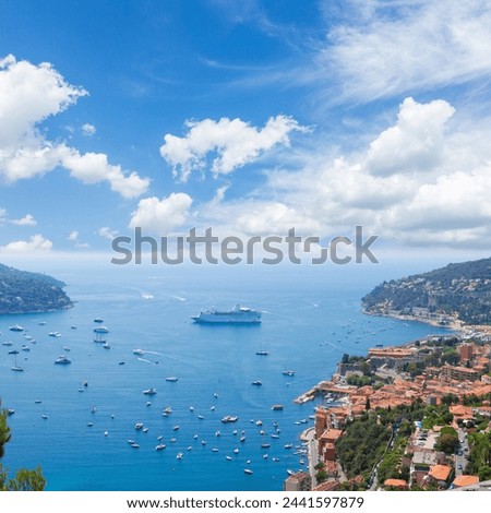 colorful coast and turquiose water with boats and ships, cote dAzur, France Royalty-Free Stock Photo #2441597879