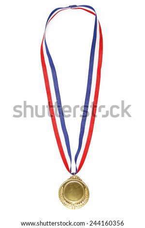 Closeup of gold medal on plain background Royalty-Free Stock Photo #244160356
