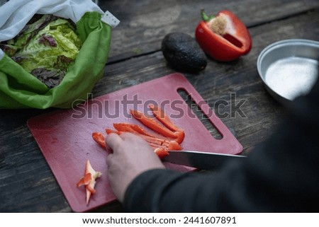 Cutting red peppers with knife on picnic table while camping at campground.  Avocado and lettuce also pictured.  
