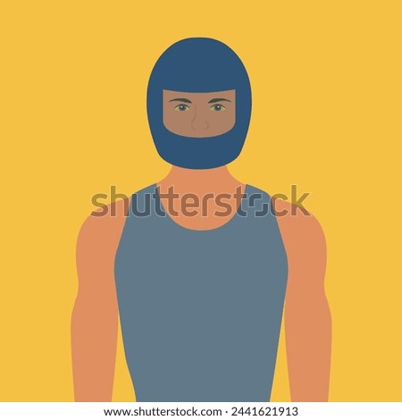 Motorcyclist Helmet front flat design vector. club Rider man illustration. male Head in Helmet. People safety and protection concept. Motorcycle sport. Muscular biker wearing a tank top on a motorbike