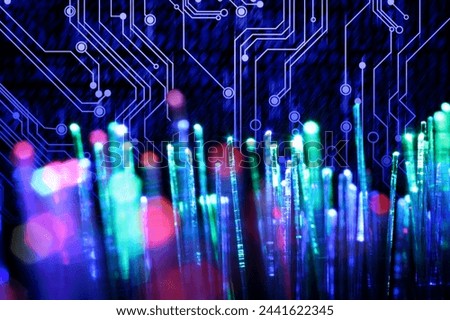 Optical fiber strands and circuit board, double exposure Royalty-Free Stock Photo #2441622345