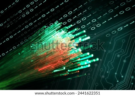 Optical fiber strands, binary code and circuit board, multiple exposure Royalty-Free Stock Photo #2441622351