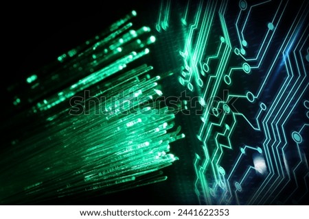 Optical fiber strands and circuit board, double exposure Royalty-Free Stock Photo #2441622353