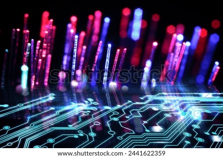Optical fiber strands and circuit board, double exposure Royalty-Free Stock Photo #2441622359