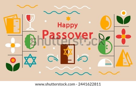 Passover greeting card in minimalistic style. Jewish holiday. Passover template for your design with matzah, wine bottle, glass, torah. Vector illustration Royalty-Free Stock Photo #2441622811