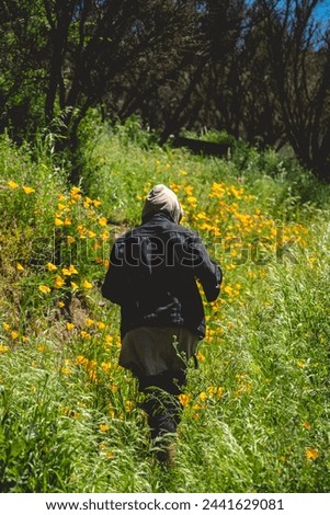 Adventure in sunny mountain: young photographer in dark attire explores a sunlit mountain meadow dotted with yellow daisies